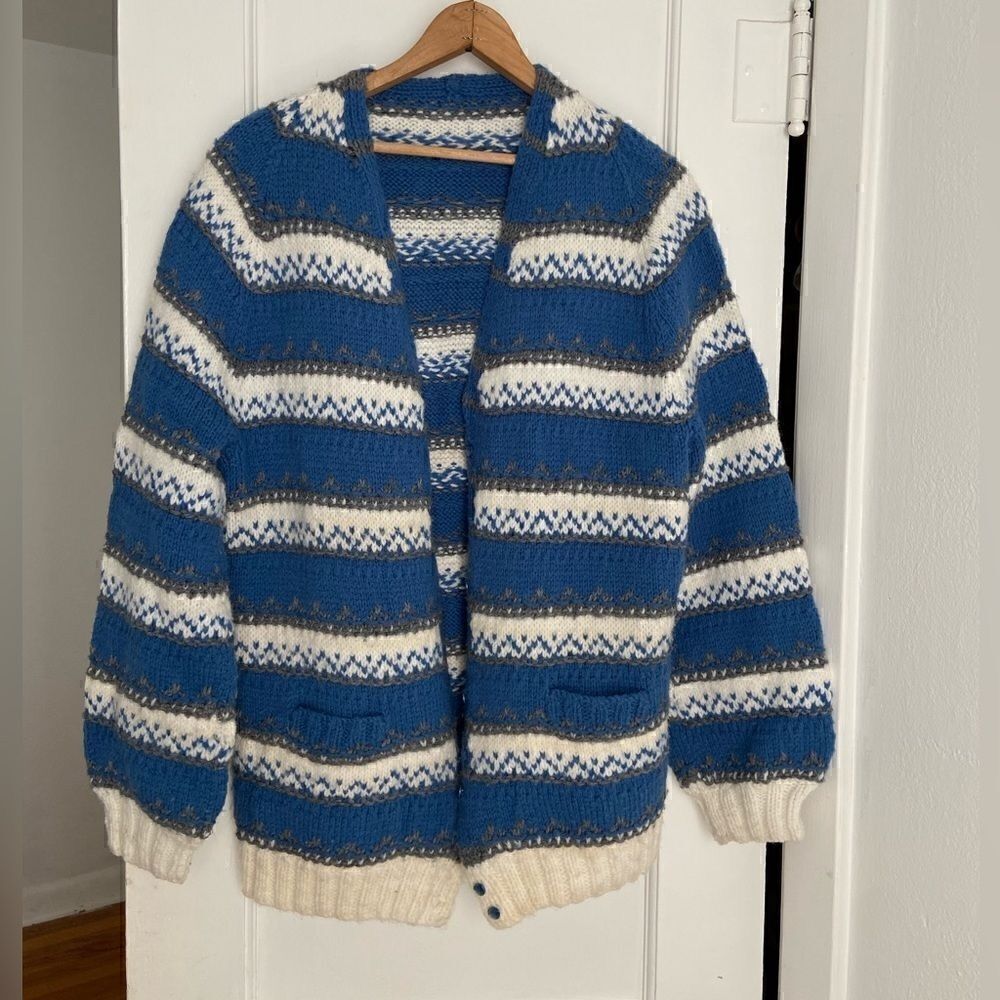 Hand Knitted‎ Vintage Cardigan Fair Isle Fisherman Sweater CabinCore Nordic M/L - Picture 11 of 12